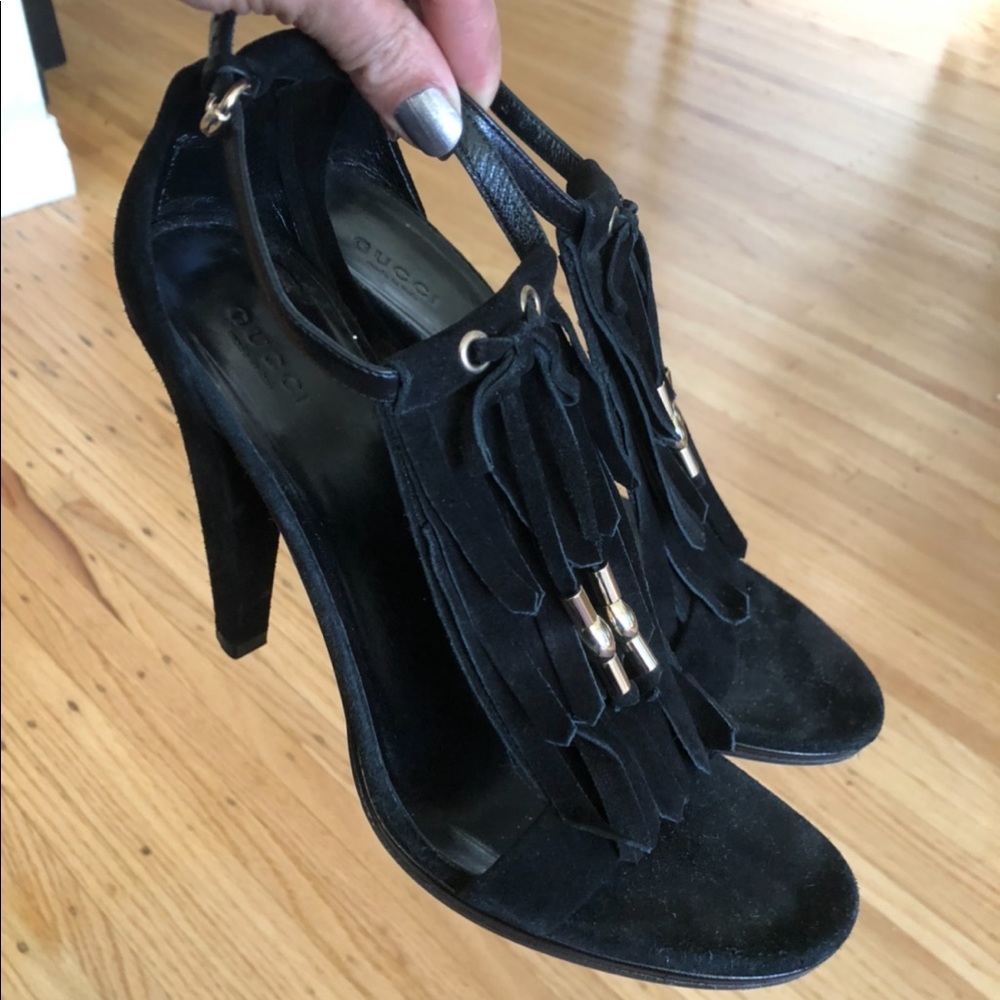 Gucci black suede fringe open- toe heels